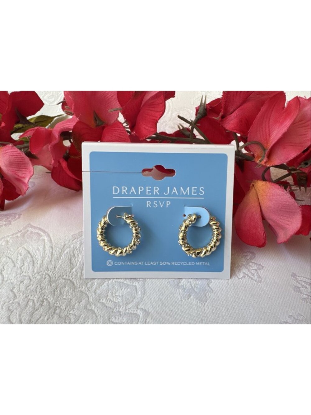 Draper James RSVP Small Dainty Hoop Textured CZ Earrings GoldTone Classic NEW